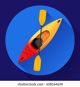 Kayak and paddle icon vector. Outdoor activities. Yellow red kayak, sea kayak flat icon.