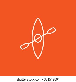 Kayak with paddle line icon for web, mobile and infographics. Vector white icon isolated on red background.