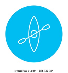Kayak with paddle line icon for web, mobile and infographics. Vector white icon on the light blue circle isolated on white background.