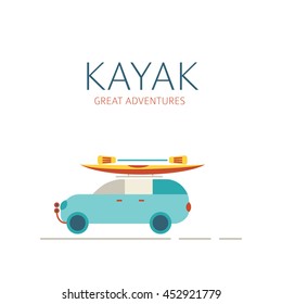 Kayak with a paddle on a postcard, banner and poster .Modern  flat style for kayak logo, labels and badges