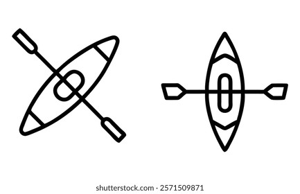 Kayak and paddle outline icons, A pair of black outline icons depicting kayaks with crossed paddles, representing outdoor activities, water sports, and adventure themes. 
