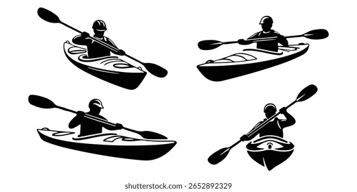 Kayak and paddle silhouette icons set for outdoor adventure design.