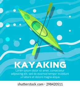 Kayak and paddle. Vector illustration of Outdoor activities elements - kayak and rowing oar. Green kayak isolated, sea kayak