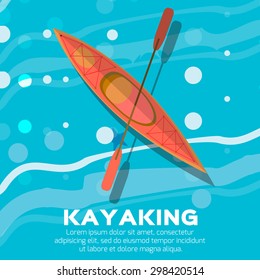 Kayak and paddle. Vector illustration of Outdoor activities elements - kayak and rowing oar. Orange kayak isolated, sea kayak
