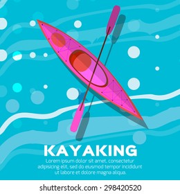 Kayak and paddle. Vector illustration of Outdoor activities elements - kayak and rowing oar. Pink kayak isolated, sea kayak