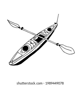 Kayak with paddles on a white background.Vector illustration of a boat.Black and white hand drawing in the doodle style.