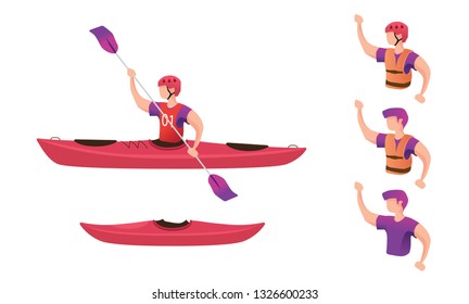 Kayak and people equipped with various kayak equipment. Vector illustration.