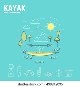 Kayak poster. Man floating kayak emblem. 
Set of icons equipment for kayaking . Transportation kayak. Banners in a linear style. Vector illustration.