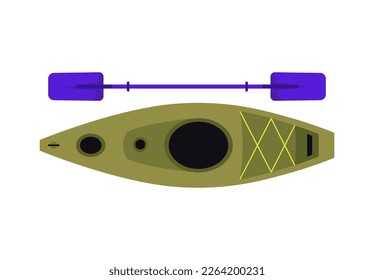 Kayak and purple paddle top view flat style, vector illustration isolated on white background. Water sport, kayaking, tourism and travel, active lifestyle