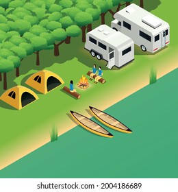 Kayak rafting downstream tours isometric composition with canoe trip camping spot on river bank vector illustration