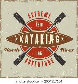 Kayak and rays colored emblem, badge, label or logo vector illustration in retro style with grunge textures and scratches