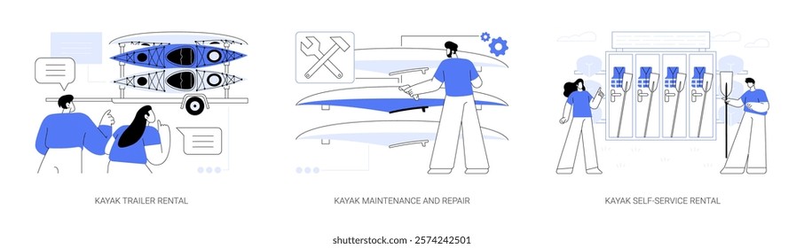 Kayak rental isolated cartoon vector illustrations set. Trailer delivery, canoe owner doing repair, kayaking equipment, self-service rental business, recreational activity vector cartoon.