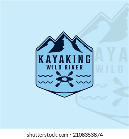 kayak at river mountain logo vintage vector illustration template icon graphic design. kayaking or canoe sign or symbol for adventure sport