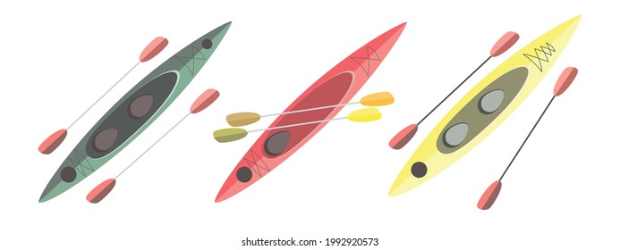 Kayak set flat vector illustration. Extreme sports. Equipment for kayaking, canoeing. Active lifestyle. Outdoor activities. Water transport. Kayak isolated on white background