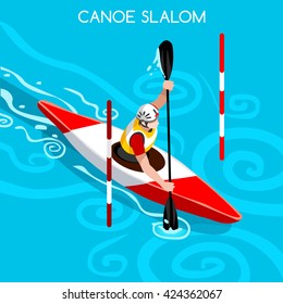 Kayak Slalom Canoe Sportsman Games Icon Set. 3D Isometric Canoeist Paddler. Slalom Kayak Sporting Competition Race. Summer Sports Recreation Infographic Kayak Slalom events Vector People