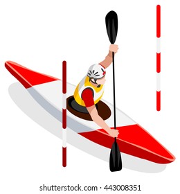 Kayak Slalom Canoe Sportsman Games Icon Set. 3D Isometric Canoeist Paddler. Slalom Kayak Sporting Competition Race. Summer Sports Recreation Infographic Kayak Slalom events Vector Illustration.