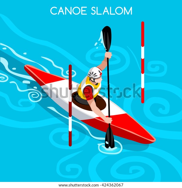 Kayak Slalom Canoe Sportsman Games Icon Set. 3D\
Isometric Canoeist Paddler. Slalom Kayak Sporting Competition Race.\
Summer Sports Recreation Infographic Kayak Slalom events Vector\
People