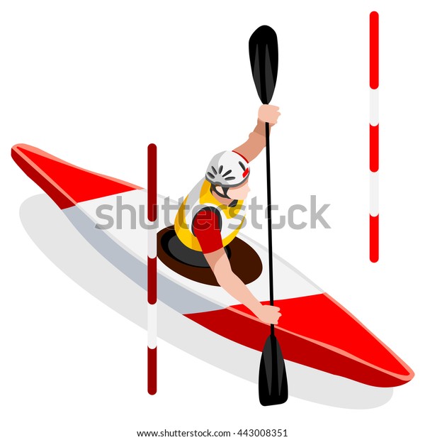 Kayak Slalom Canoe Sportsman Games Icon\
Set. 3D Isometric Canoeist Paddler. Slalom Kayak Sporting\
Competition Race. Summer Sports Recreation Infographic Kayak Slalom\
events Vector\
Illustration.