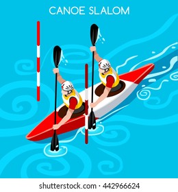 Kayak Slalom Double Canoe Sportsman Games Icon Set. 3D Isometric Canoeist Paddler. Slalom Kayak Sporting Competition Race. Sport Infographic Kayak Slalom events Vector People