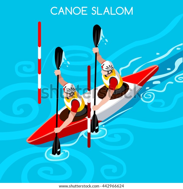 Kayak Slalom Double\
Canoe Sportsman Games Icon Set. 3D Isometric Canoeist Paddler.\
Slalom Kayak Sporting Competition Race. Sport Infographic Kayak\
Slalom events Vector\
People