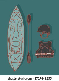 Kayak sport elements on flat background. Isolated objects. Sea sports. Helmet, lifejacket, board, and paddle.