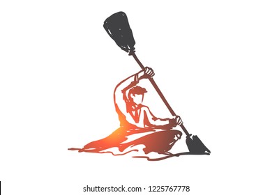 Kayak, sport, individual, paddle, activity concept. Hand drawn man sailing with kayak concept sketch. Isolated vector illustration.