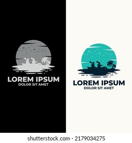 kayak sport silhouette logo vector. Logo outdoor adventure using a canoe boat. outdoor logo and landscape