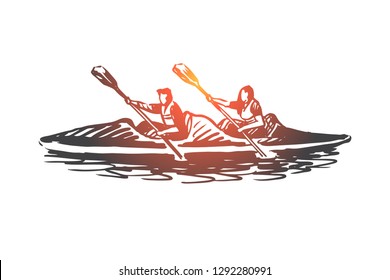 Kayak, sport, water, paddle, canoe concept. Hand drawn two persons in kayak concept sketch. Isolated vector illustration.