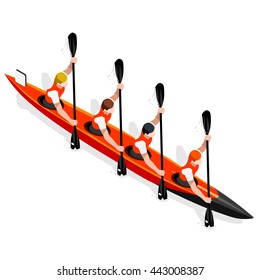 Kayak Sprint Four Sportsman Games Icon Set. 3D Isometric Canoeist Paddler. Sprint Kayaker Sporting Competition Race. Sport Infographic Canoe Kayak Paddler events Vector boat Illustration.