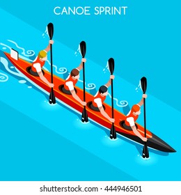 Kayak Sprint Four Sportsman Games Icon Set. 3D Isometric Canoeist Paddler. Sprint Kayaker Sporting Competition Race. Sport Infographic Canoe Kayak Paddler events Vector Illustration.