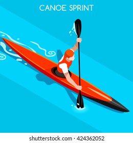 Kayak Sprint Sportsman Games Icon Set. 3D Isometric Canoeist Paddler. Canoe Sprint Kayak Sporting Competition Race. Summer Sports Infographic Canoe Kayak events Vector People