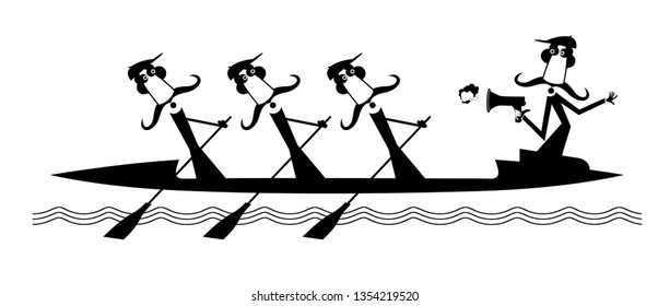 Kayak, three oarsman and quartermaster with megaphone isolated illustration. Cartoon long mustache oarsman and quartermaster with megaphone floating on the waves on a boat black on white
