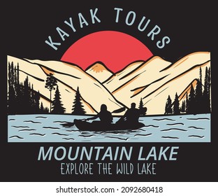 Kayak tour graphic print design. Mountain lake artwork  for apparel, sticker, batch, background, poster and others.