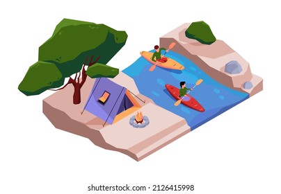 Kayak tourism. Extreme water river rafting adventures garish vector isometric background