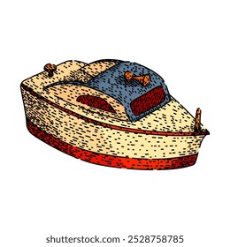 Kajak Spielzeug Boot handgezeichnet. Dinghy Floß, Cruiser Schlepper, Katamaran Paddel Kajak Spielzeug Boot Vektor Skizze. einzelne Farbgrafik