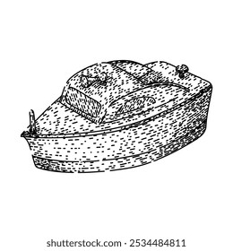 Kajak Spielzeug Boot handgezeichnet. Dinghy Floß, Cruiser Schlepper, Katamaran Paddel Kajak Spielzeug Boot Vektor Skizze. einzelne schwarze Illustration