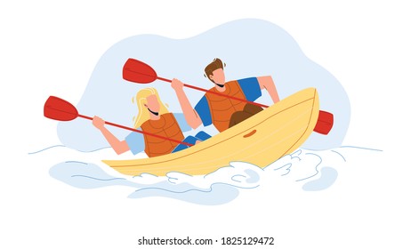 Kayak Travelling Couple People Together Vector. Young Man And Woman Sportsmen With Paddles In Kayak On River. Characters Kayaking Active Extremal Sport Time Flat Cartoon Illustration