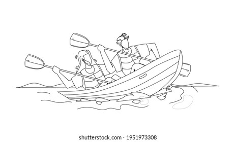 Kayak Travelling Couple People Together Black Line Pencil Drawing Vector. Young Man And Woman Sportsmen With Paddles In Kayak On River. Characters Kayaking Active Extremal Sport Time Illustration