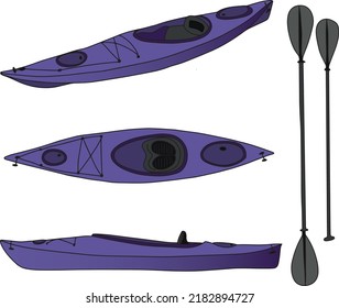 Kayak vector outline illustration, kayaking equipment