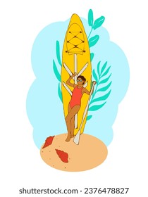 kayak, deportes acuáticos, rafting, holding, kayak amarillo, verano, río, playa, mar, niña deportiva, mulatto, deporte activo, morena, personas, ilustración, vector,  