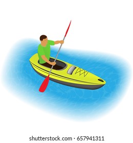 Kayaker character paddling on a kayak. Sports traveling man with paddle boating on canoe through river or sea. Leisure concept. Vector illustration.