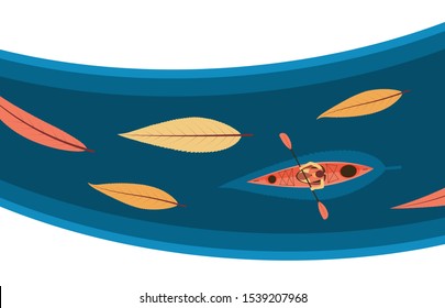 Kayaker floats on the river. Kayak with underwater fishes top view. Outdoor activity, sport, lifestyle concept. Active outdoor tour illustration. Flat vector illustration