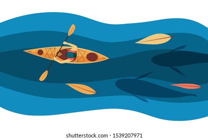 Kayaker floats on the river. Kayak with underwater fishes top view. Outdoor activity, sport, lifestyle concept. Active outdoor tour illustration. Flat vector illustration