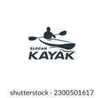 Kayaker man travelling by kayak on the river logo design. People in a kayak paddling along a river in the wild graphic design