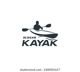 Kayaker man travelling by kayak on the river logo design. People in a kayak paddling along a river in the wild graphic design