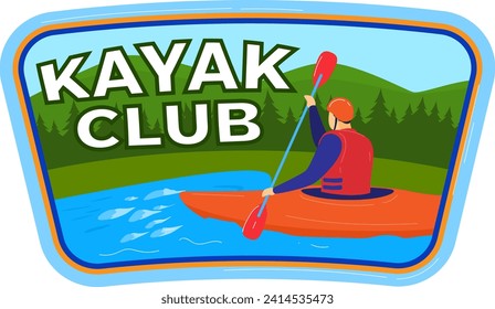 Kayaker paddles on river with forest background. Outdoor water sports logo, kayaking badge with nature. Adventure and water activity vector illustration.