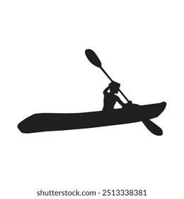 Kayaker paddling kayak in competition race vector silhouette illustration isolated on white. Sport man in kayak boat racing. Weekend team building on river. 