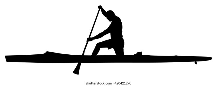 Kayaker paddling kayak in competition race vector silhouette illustration isolated on white. Sport man in kayak boat racing. Weekend team building on river. Sport canoe rowing in sprint. Athlete man.