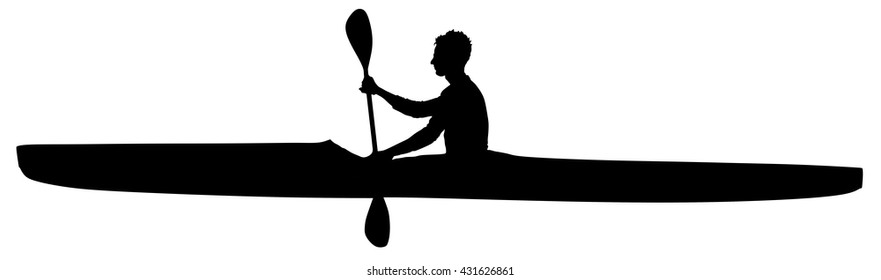 Kayaker paddling kayak in competition race vector silhouette illustration isolated on white. Sport man in kayak boat racing. Weekend team building on river. Sport canoe rowing in sprint. Athlete man.