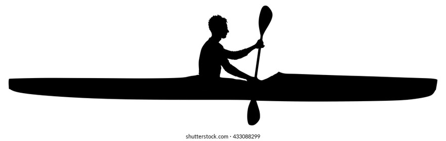Kayaker paddling kayak in competition race vector silhouette illustration isolated on white. Sport man in kayak boat racing. Weekend team building on river. Sport canoe rowing in sprint. Athlete man.